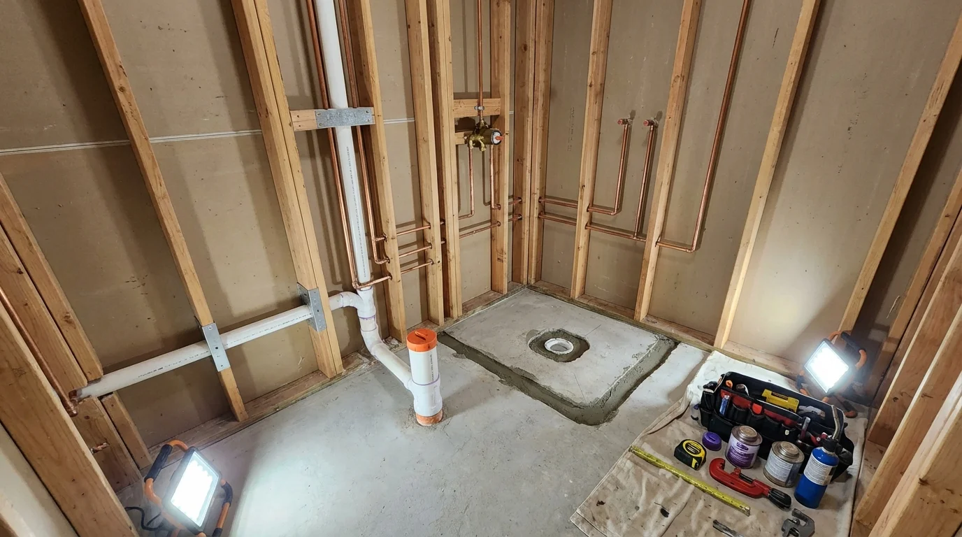 Bathroom rough-in plumbing during remodel by Johns Plumbing LLC in Wheat Ridge