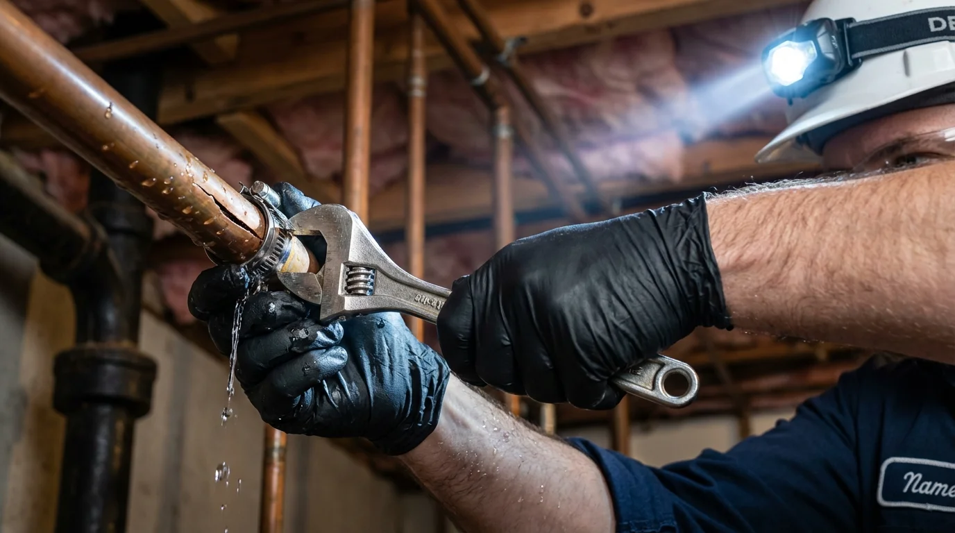Emergency pipe clamp repair being performed by a Johns Plumbing LLC plumber in Wheat Ridge